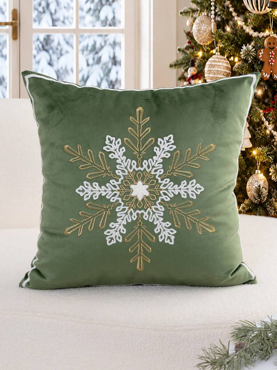 1件裝聖誕綠色雪花刺繡枕套，適合室內裝飾、聖誕裝飾，四季通用，不含枕芯