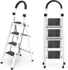 Escalera Plegable 3 PeldañOs Acero Inoxidable Escalera Para Casa Resistente 150kg DiseñO Antideslizante  Plegable Y FáCil Almacenar Uso En Hogar Oficina AlmacéN (Blanco, 3 PeldañOs) - BLANCO - Ver 5
