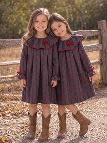 Girls' Autumn/Winter Long Sleeve Vintage Red & Black Plaid Dress With Large Collar, Ruffle Trim And Bow Decor, Loose A-Line British Style Casual Everyday Versatile Dress - Red - View 4