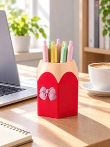 A Hexagonal Desktop Organizer Featuring A 3D Bow And Cream-Style Decorative Accents; Suitable For Stationery, Makeup, And Cosmetic Brushes. Desktop Storage Tool For Home, Study, And Office Scenes, Creative Desktop Ornament, Practical Gift For Back-To-School Stationery And Christmas, New Year Exchanges. - Multicolor - View 2