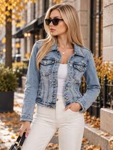 Women's Classic Denim Jacket With Abrasions, Fitted Cut, Button Fastening, 4 Pockets, Stretch Fabric, Waist Length, Casual - Blue - View 1