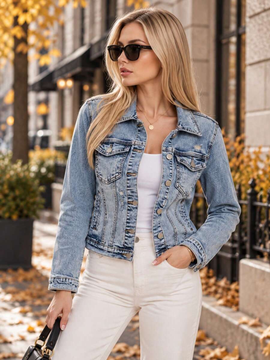 Women's Classic Denim Jacket With Abrasions, Fitted Cut, Button Fastening, 4 Pockets, Stretch Fabric, Waist Length, Casual - Blue - View 1