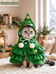 Personalized Christmas Tree Pet Shawl, Customized Embroidered Holiday Outfit, Suitable For Cats And Dogs, Red And Green Holiday Design, Perfect For Christmas Parties And Small Pets - Multicolor - View 5