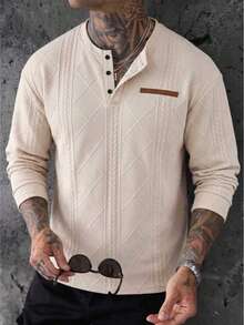 Men's Long Sleeve Polo Shirt Casual Versatile Textured Jacquard Long Sleeve T-Shirt - Apricot - View 2