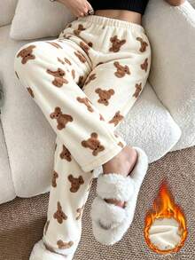 Women's Cute Bear Print Flannel Pajama Pants Elastic Waist Soft Straight Leg Lounge Sleep Pants For Autumn Winter Home Outfit - Multicolor - View 1