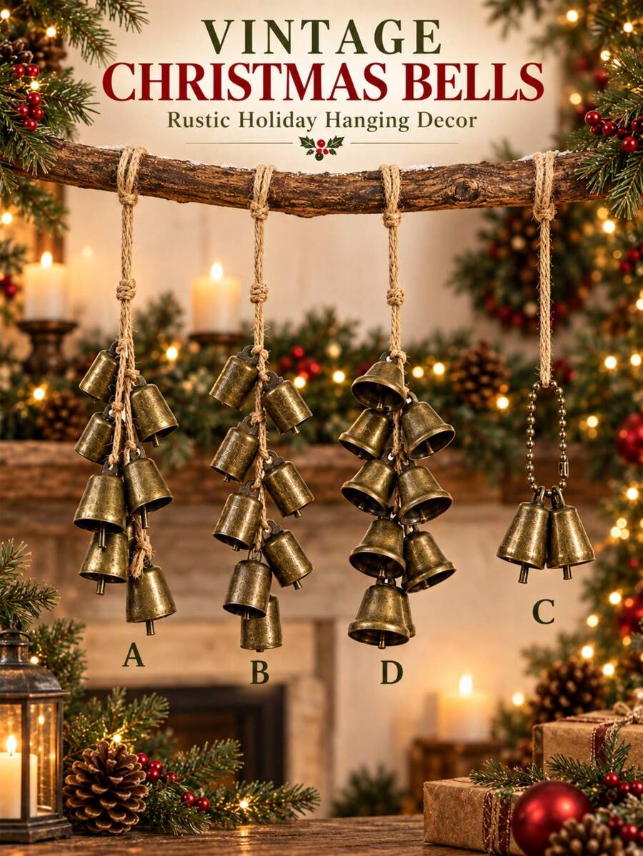 Vintage Antique Bronze Clock Christmas Hanging Ornament With Yellow Hemp Rope, Rustic Farmhouse Style Holiday Decor, Soothing Bell, Easy To Hang On Christmas Tree, Doors And Windows, Winter Gift - Christmas Bell Ornament - View 1