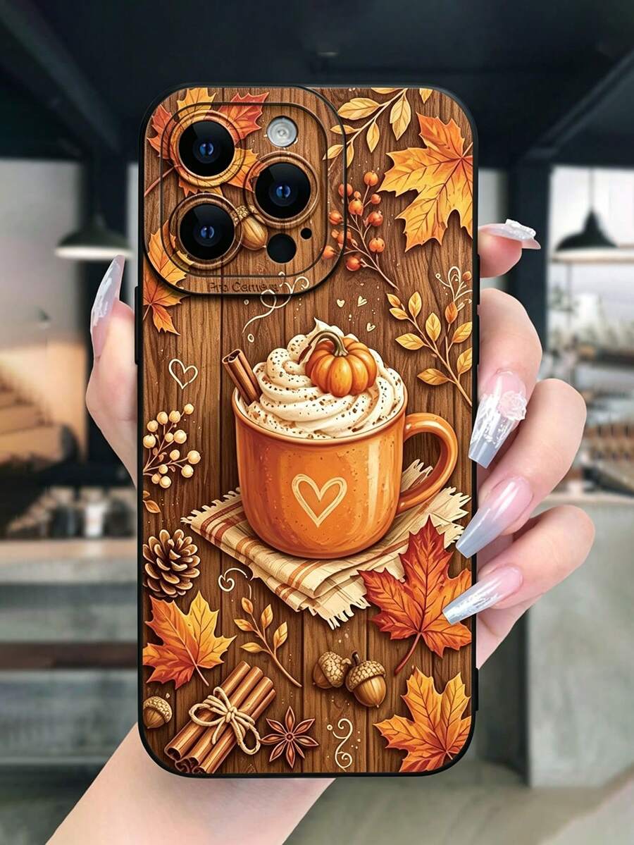 Fashionable Personalized Retro Autumn Maple Leaf & Pumpkin Pattern Black Creative Anti-Drop Phone Case, Compatible With IPhone18/18Pro/18ProMax/17/17Pro/17ProMax/16/16Pro/16ProMax/15/14/13/12/11 - Black - View 1