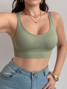 Plus Size Wire-Free Back-Support Sports Bra, Running Shock Absorption, Waist-Cinching Tank Top Style For Outerwear, Removable Pads - Green - View 4