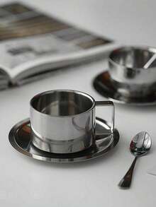 1pc Vintage Stainless Steel Coffee Cup & Saucer Set, Suitable For Exquisite Styling, Vlog Shooting And Afternoon Tea - Silver - View 7