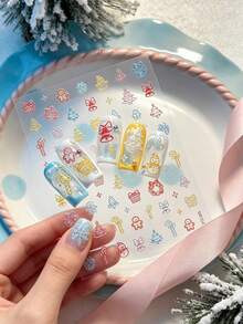 1張3D壓紋白色聖誕迷你元素美甲貼紙，可愛簡約自黏式美甲貼花，聖誕美甲用品 - 彩色 - 查看 6