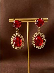 1pc Fashion Vintage Geometric Round And Oval Hollow Carved Emerald Green And Red Rhinestone Earrings, Suitable For Evening Party And Daily Wear - Oval Earrings - View 5