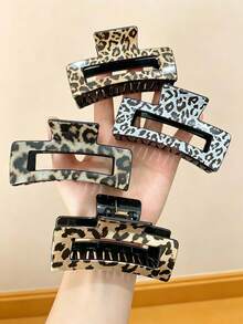 4pcs Women's Vintage Leopard Print Rectangular Hollow Plastic Hair Claw Clips, European And American Style Large Hair Claw For Back Of Head Updo, Elegant Hair Accessories - Multicolor - View 7