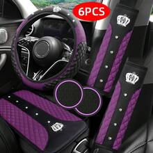 6pcs Car Interior Accessories Set, Bling Bling Rhinestone Steering Wheel Cover, Seat Belt Shoulder Pad, Armrest Cover/Pad, Cup Holder Coaster, Universal Size, All Season - Multicolor - View 9