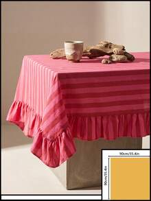 1pc Pink & White Wide Striped Tablecloth, Warm Minimalist Style, Fabric Material, Rectangular Double Layer With Ruffle Edge And Pleated Detail, Decorative Stain-Resistant Table Protector, Suitable For Daily Home And Cozy Restaurant Decor - Pink - View 10