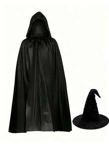 Halloween Black Velvet Witch Hat With Hood And Long Cape Set, Party Cosplay And Dark Wizard Costume Accessories - Black - View 11