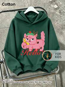 Kids Cute Long Sleeve Hoodie With Pink Cartoon Cat & Hello Letter Print Casual Drawstring Pullover - Dark Green - View 1