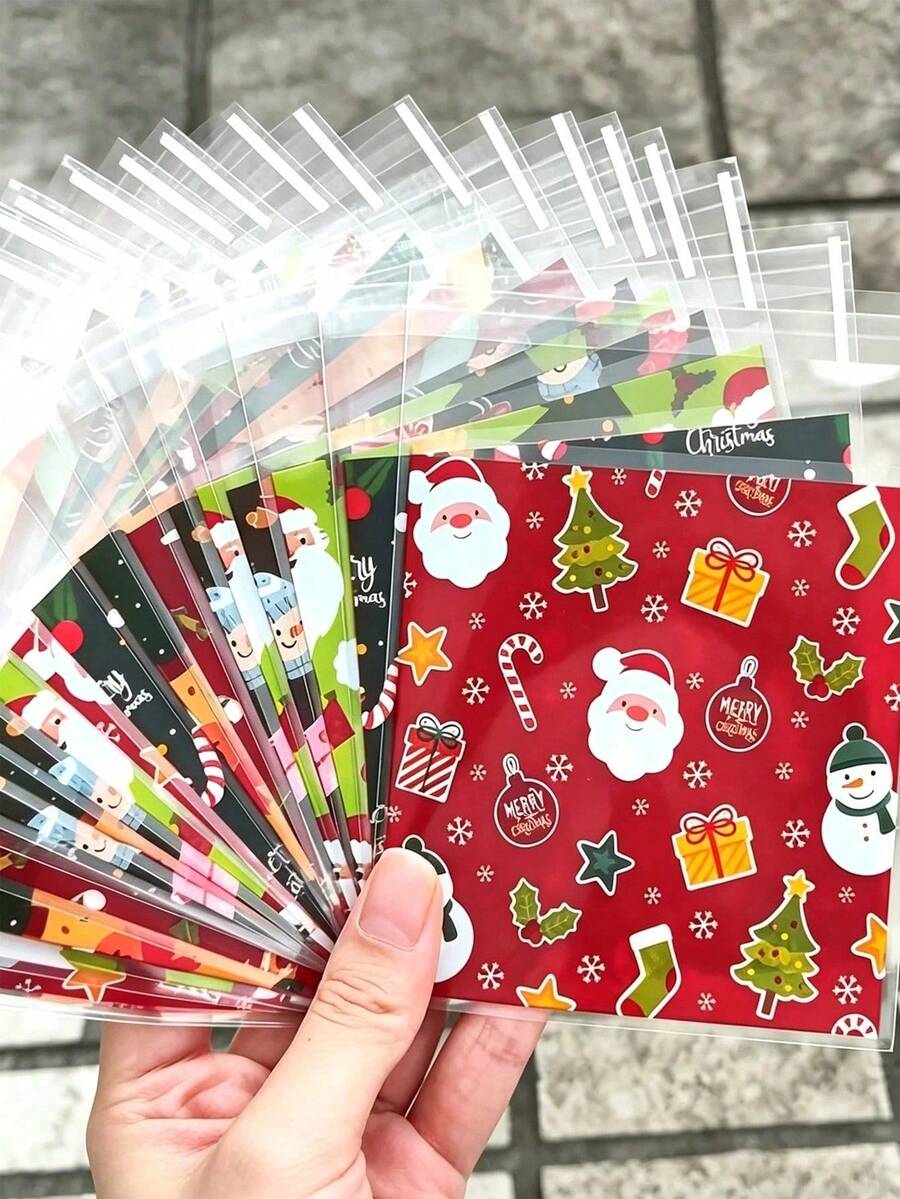 100/50pcs Kantong Kado Natal Perekat Diri, Kantong Perekat Otomatis dengan Motif Santa Claus, Pohon Natal, Manusia Salju, dan Motif Lainnya, Desain Campuran, Motif Indah, Ciptakan Suasana Liburan yang Meriah - Sempurna untuk Pesta Natal