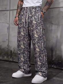 MAISONFOX Men's Fashion Street Elastic Waist Leaf Print All-Over Camouflage Print Sports Pants, Men's Fashion Pants Leaf Print, Loose Flare Leg Design - Army Green - View 9