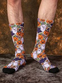 1/3 Pairs Creative Colorful Fun Pumpkin Jacquard Mid-Calf Socks, Cute Ghost Cartoon Halloween Gift Socks - Multicolor - View 1