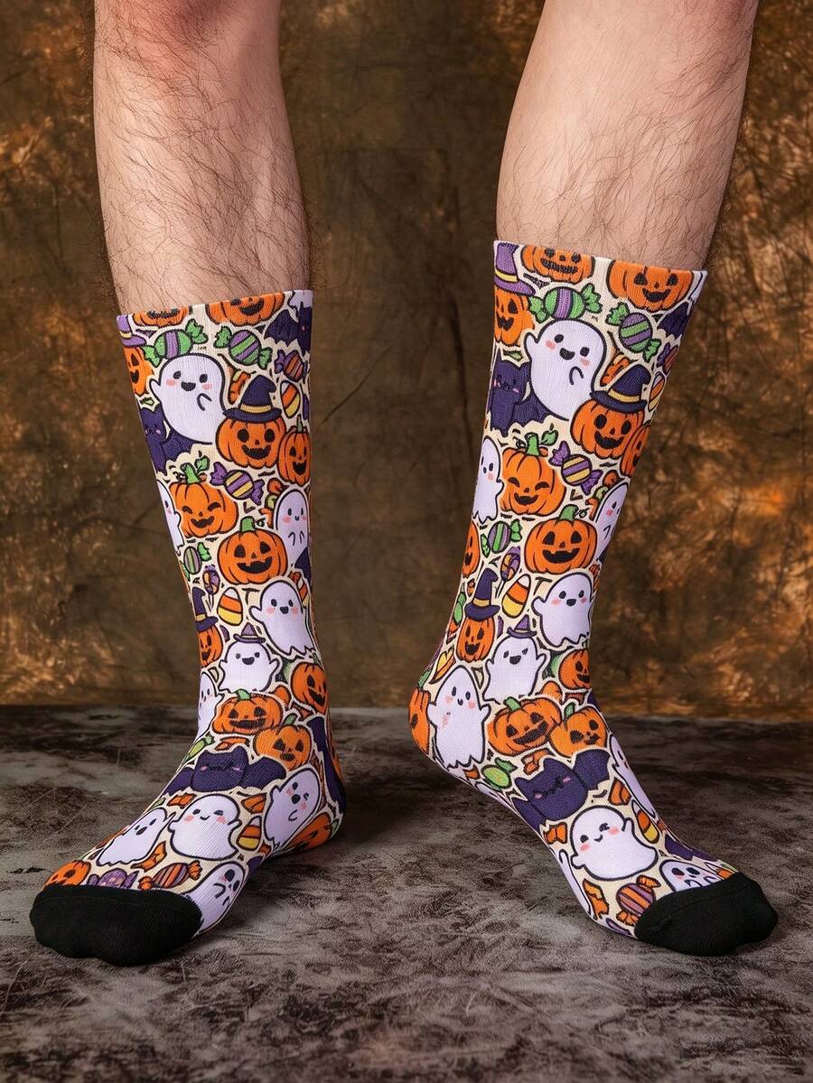 1/3 Pairs Creative Colorful Fun Pumpkin Jacquard Mid-Calf Socks, Cute Ghost Cartoon Halloween Gift Socks - Multicolor - View 1