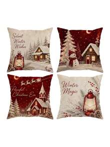 4 Stück, 2D flacher Muster Vintage Weihnachts Kissenbezüge Winter Landhaus Feiertags Dekoration, keine echte Stickerei, Wohnzimmer Raum Dekoration Kissenbezug, Weihnachts- und Neujahrs Heimdekoration, ohne Kissenkern, einseitiger Muster, Geschenke - Rot-Weiß - Übersicht 11