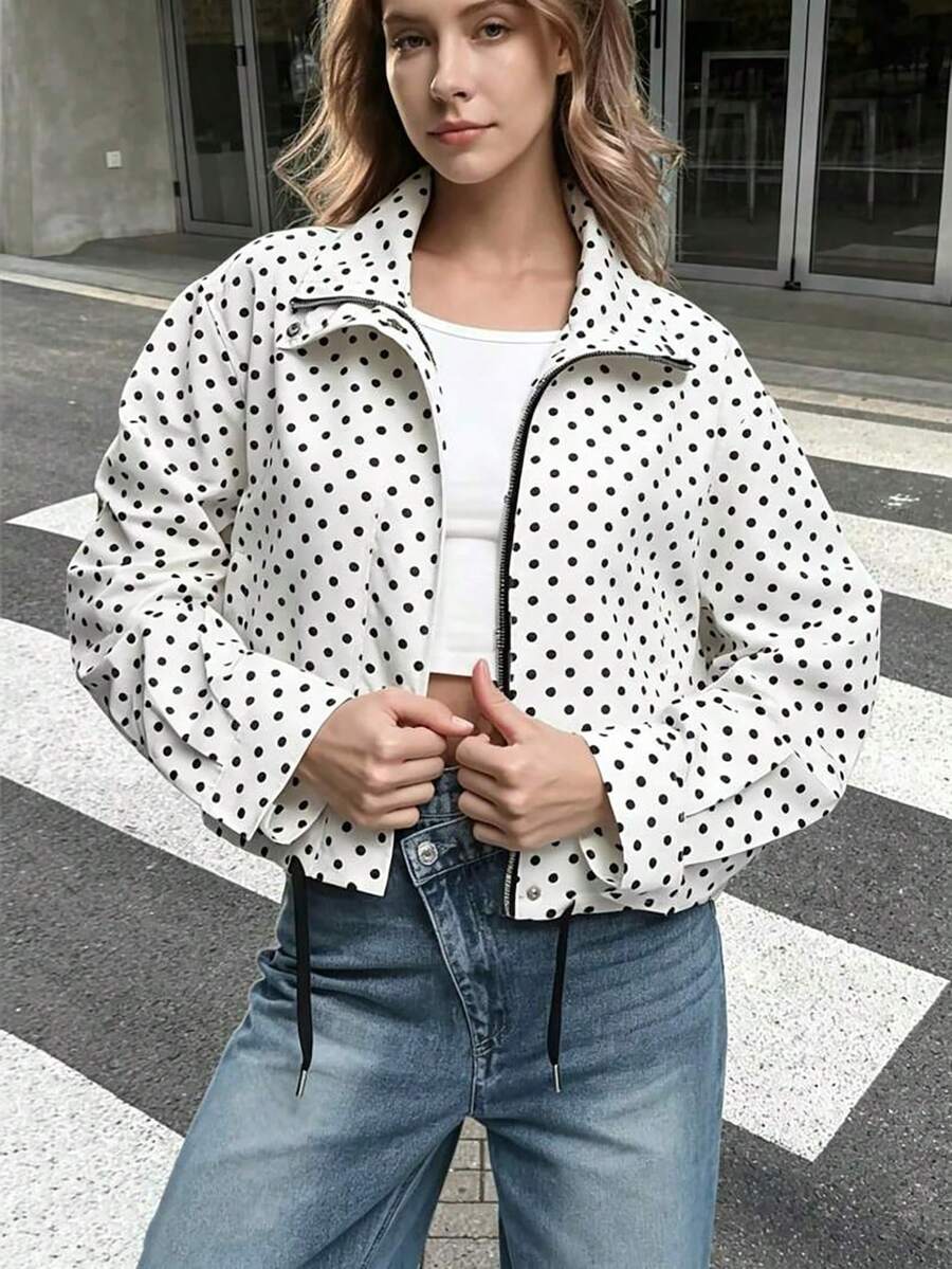 Women's Polka Dot Varsity Jacket With Stand Collar And Drawstring Hem, Long Sleeve Full Zip Fall Casual Outerwear - White - View 1