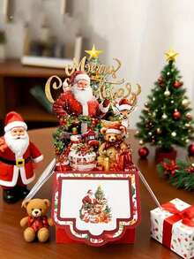 2/1pc 3D Christmas Greeting Card, Pop-Up Card With Santa Claus, Reindeer And Tree Design, Red Paper Holiday Card With Envelope, Suitable For Christmas Party Invitation For Family And Friends - One Size Fits All - View 10