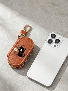 Black Cat Cartoon Cute Key Pouch, Cartoon Cute Car Remote Key Bag, Matching Cat Pendant, Zipper Closure, Unisex Multi-Function Car Key Storage Bag, Portable Coin Purse, Pendant Wrist Strap Keychain, Solid Color Minimalist Lychee Texture Women's Lychee Texture Key Bag, Universal Car Key Bag, Large Capacity Lightweight Home Key Bag, Ideal Gift For Cat Lovers, Can Be Used As Birthday Gift, Graduation Gift - Multicolor - View 5