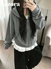 Korean Vintage Polka Dot & Striped Casual Versatile Slimming Patchwork Hooded Sweatshirt Jacket For Women - Grey - View 9