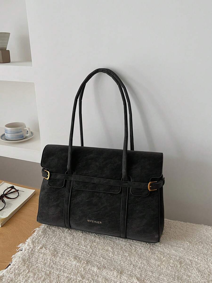 Dedoo Women's PU Tote Bag, Solid Color Sturdy Handbag With Buckle Decor, Large Capacity Shoulder Bag, Minimalist Commuter Handbag