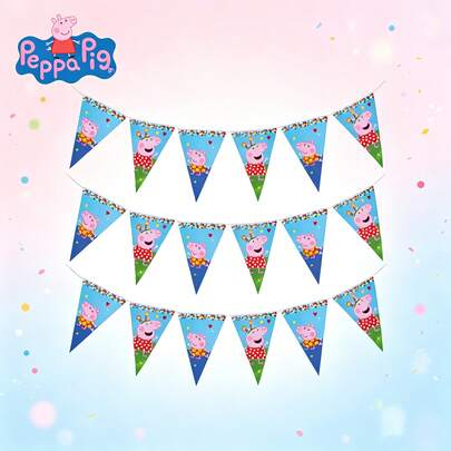 Hasbro Peppa Pig Triangle Banner, Cartoon Themed Party Bunting, Birthday Background Decor, Festival Gathering Garland, Party Atmosphere Supplies, Official Authentic Licensed