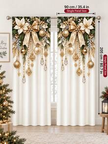 2 buah Tirai Motif Ornamen Meriah, Tirai Natal Persegi Panjang Spandex Bergaya Rumah Pertanian yang Nyaman dengan Ranting Pinus, Buah Beri Merah, Bola Emas & Pola Kepingan Salju, Dekorasi Jendela Mudah Digantung untuk Ruang Tamu Liburan Musim Dingin - A - View 12