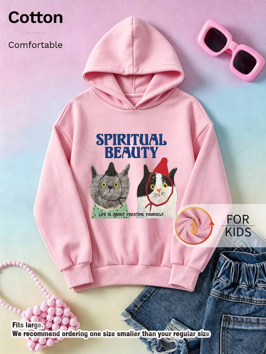 Kids Casual Long Sleeve Cartoon Cat Letter Graphic Hoodie With Drawstring, Drop Shoulder Pullover Sweatshirt For Fall Streetwear - Pink - View 1