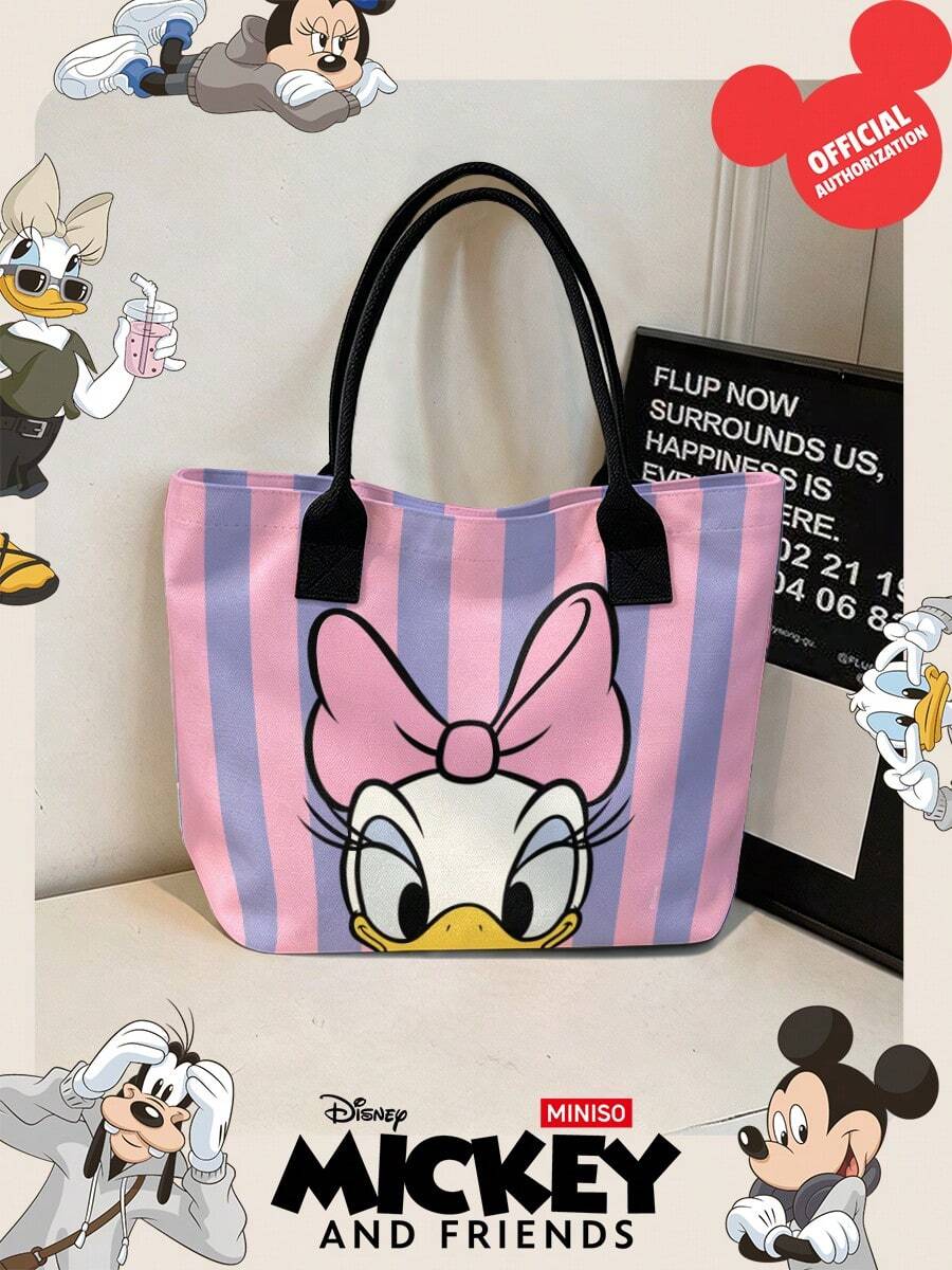Miniso 迪士尼 Daisy Duck 帆布托特包,粉色與紫色垂直條紋印花,附手柄肩背包,適合日常使用 - 黑色 - 查看 1