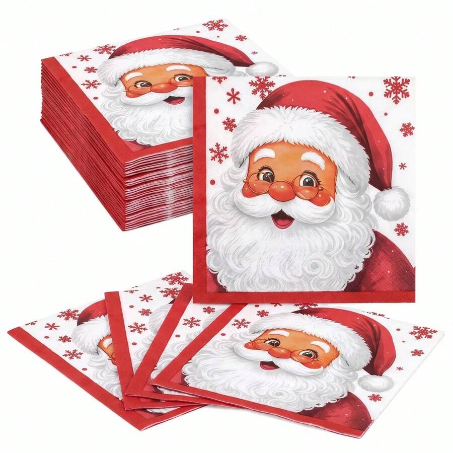 20/40/60 Pcs,Christmas Disposable Paper Napkins,2-Ply Santa Claus & Red Snowflake Print Dessert Tissues,Red Rim Dinner Napkins,Table Decor For Xmas Eve Celebration,Holiday Family Reunion,Winter Solstice Dinner,6.5*6.5 Inch - Multicolor - View 1