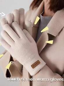 1 Pair Thick Ribbed Knit Touchscreen Gloves, Unisex Minimalist Leather Label Woolen Gloves, Autumn/Winter Outdoor Cycling Commuting Thick Warm Wrist Protection Finger-Separated Gloves - A - View 8