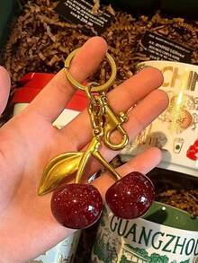 1pc Alloy Cherry Keychain, Shiny Metal Double Cherry Pendant Key Ring With Leaf Decoration, Suitable For Women And Girls, Can Be Used As Handbag, Backpack, Car Key Decoration, Fashionable And Cute Accessory, All-Season Gift - Multicolor - View 3