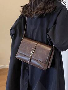 Fashionable Casual Solid Color Square Flap Bag, No Pendant, Suitable For University/, For Women - Coffee - View 2