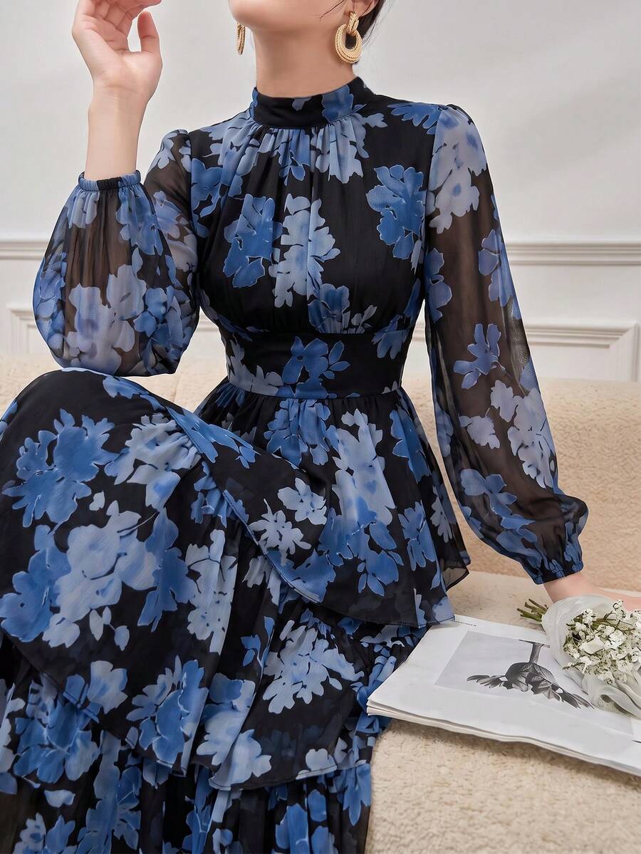 Women's Floral Print Stand Collar Lantern Sleeve Ruffle Hem Maxi Elegant Dress - Black - View 1