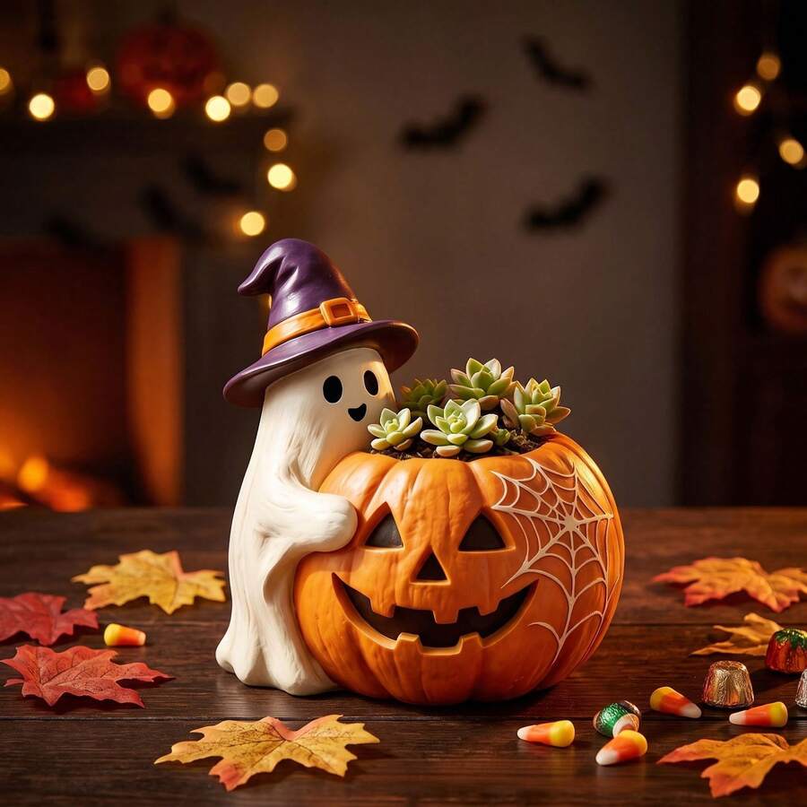 Halloween Ghost Hugging Pumpkin Flower Pot, Dried Flower Vase Container, Autumn Harvest Desktop Decor - Multicolor - View 1