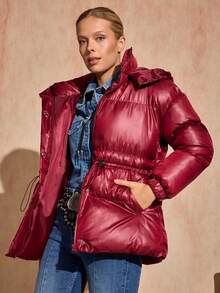 Women's Short Hooded Puffer Jacket, Burgundy Snap Button Padded Coat With Tie Waist, Cropped Quilted Winter Jacket - Burgundy - View 2