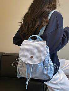 Casual Daypack, Cream Grid Check Pattern Backpack, Drawstring Cinch Top & Front Pocket, Campus Weekend Trip, Soft Fabric Top Handle Rucksack - Multicolor - View 3