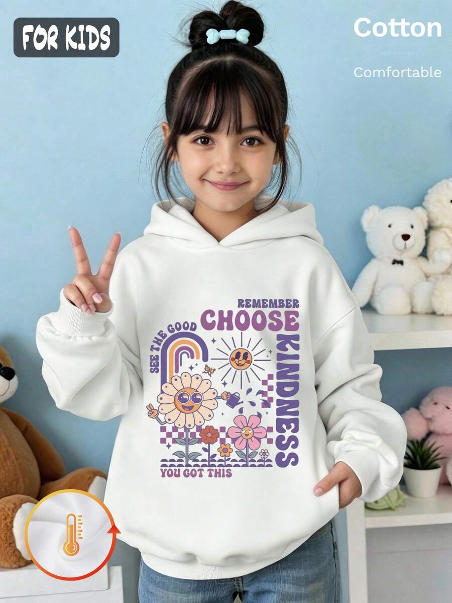 Autumn Winter Girls Fleece Hoodie With Flower Rainbow And Text Print White Long Sleeve Y2K - White - View 1