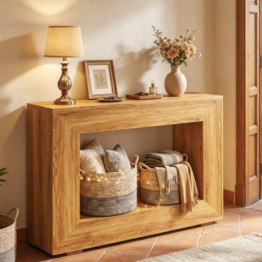 **Mesa Recibidor de Entrada 120 cm, Consola de Madera Natural con Diseño Abierto, Credenza Recibidor para Sala, Pasillo, Buffet y Detrás del Sofá, Mueble Organizador de Estilo Rústico con Patas Antideslizantes** - Caqui - Ver 1