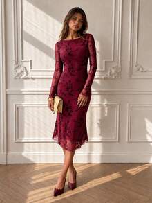 Robes florales VINOVA pour femmes, robe midi élégante à manches longues et dos nu, tenues de festival d'automne et d'hiver, robe du Nouvel An, robe de Noël, Halloween - Rouge foncé - Voir 1