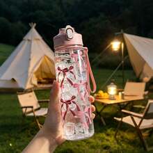 1pc 750ml Baby Water Bottle With Bow, Cartoon Pattern, Anti-Drip Straw Cup, Portable Leak-Proof Baby Water Bottle, Large Capacity Sports Water Bottle For Summer - Clear - View 4
