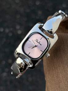 1PC Women Silver Tone Tapered Geometric Link Quartz Bracelet Watch With Pink Rounded Rectangular Dial Minimalist Markers Vintage Elegant Gift - Silver - View 2