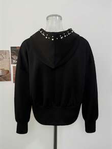 Sweet Cool Niche Style Pearl Decor Hooded Zip-Up Long Sleeve Jacket Women Autumn/Winter Cinched Waist Dropped Shoulder Loose Sweatshirt - Black - View 7