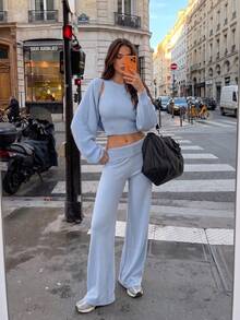 Senya 2026 Women's 3 Pieces Knit Set, Ribbed Cropped Tank Top, Bolero Cardigan And Wide Leg Pants, Soft Blue Matching Outfit, Fashion Quiet Luxury Casual Wear - Baby Blue - View 8