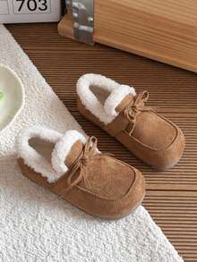 Unisex Kids Warm Driving Loafers With Bow Decor, Plush Collar, Soft Lining, Comfortable For Daily Wear And Outings - Brown - View 5